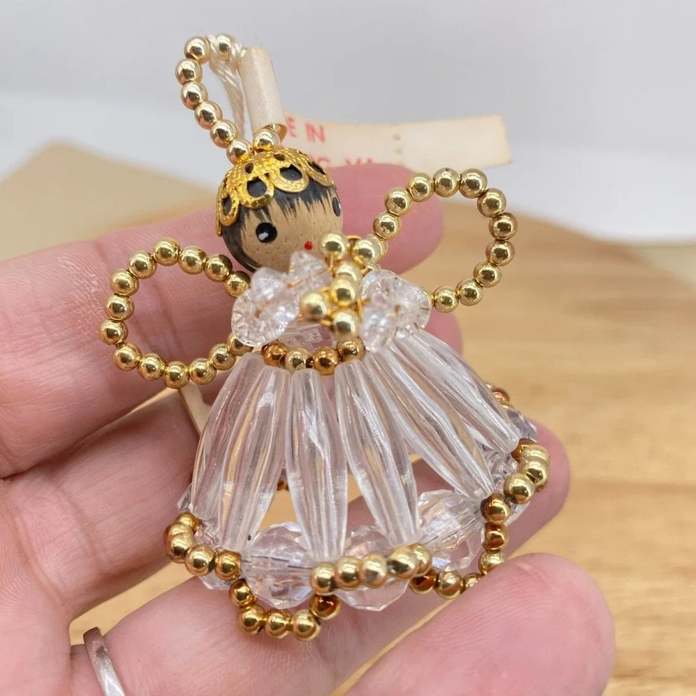 Vintage Beaded Angel Ornament Handmade Williamsburg VA Gold Clear Christmas 2